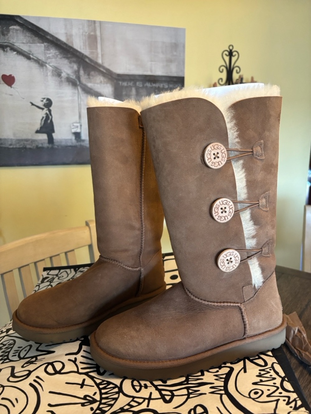 UGG Tall Bailey Button Boots in Chestnut Brown with Shearling Trim